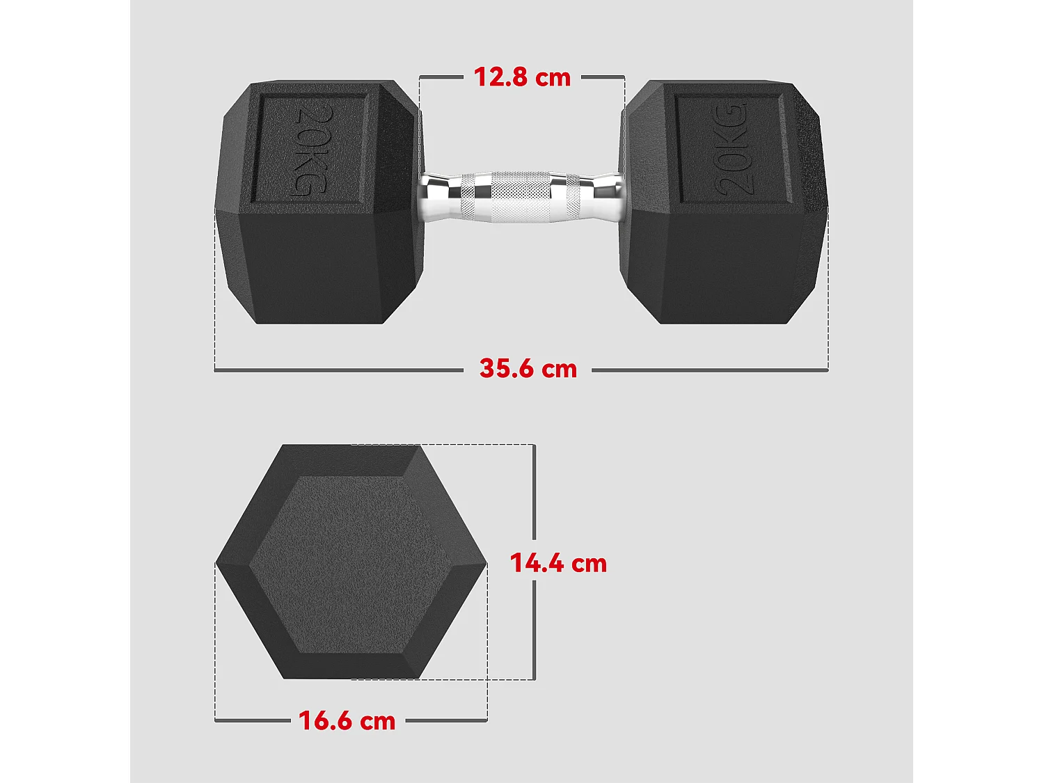 Manubrio esagonale da 20kg in acciaio e gomma nero