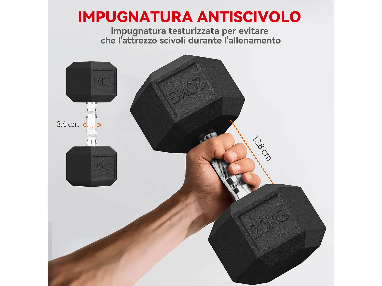 Manubrio esagonale da 20kg in acciaio e gomma nero