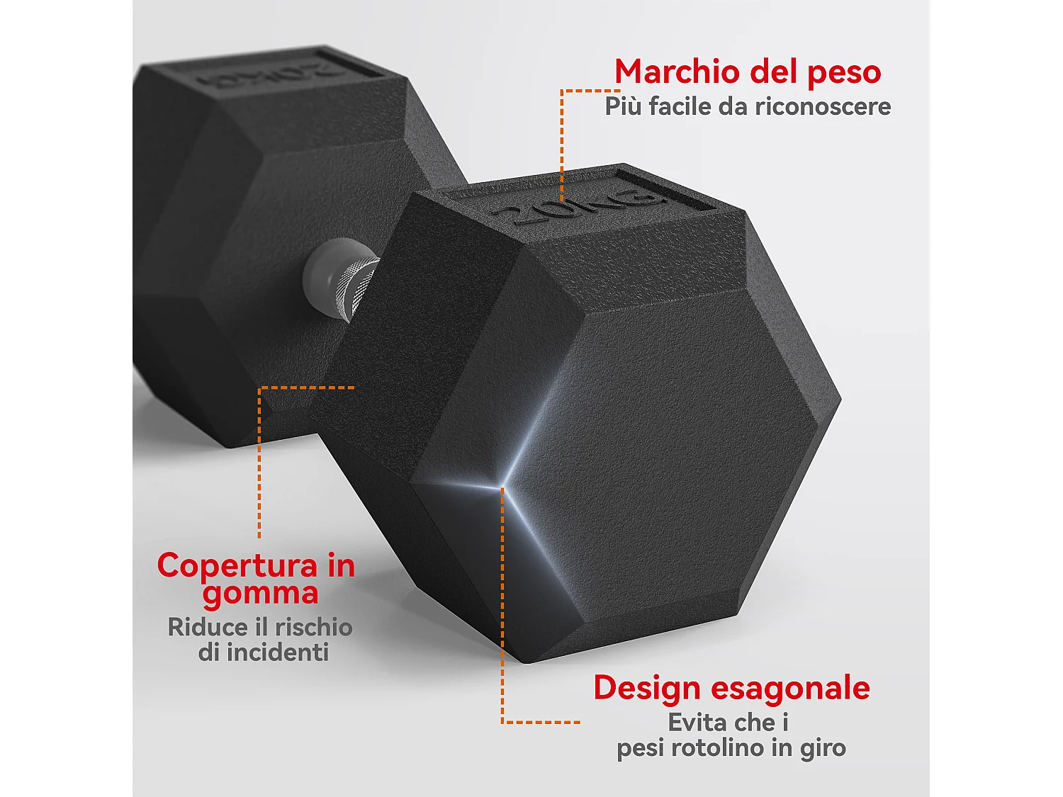 Manubrio esagonale da 20kg in acciaio e gomma nero