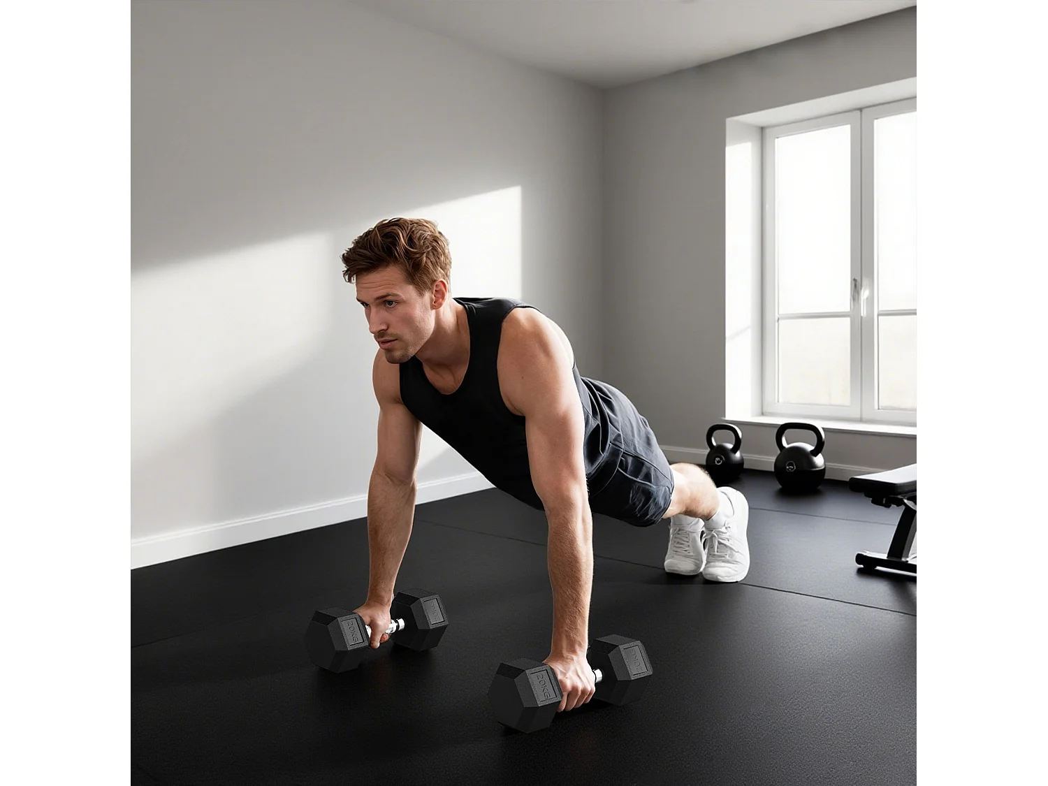 Manubrio esagonale da 20kg in acciaio e gomma nero