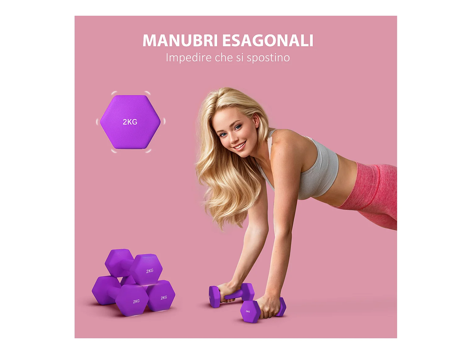 Set 2 manubri da 2x2 kg in metallo e plastica 16x7.5x7.5 cm viola