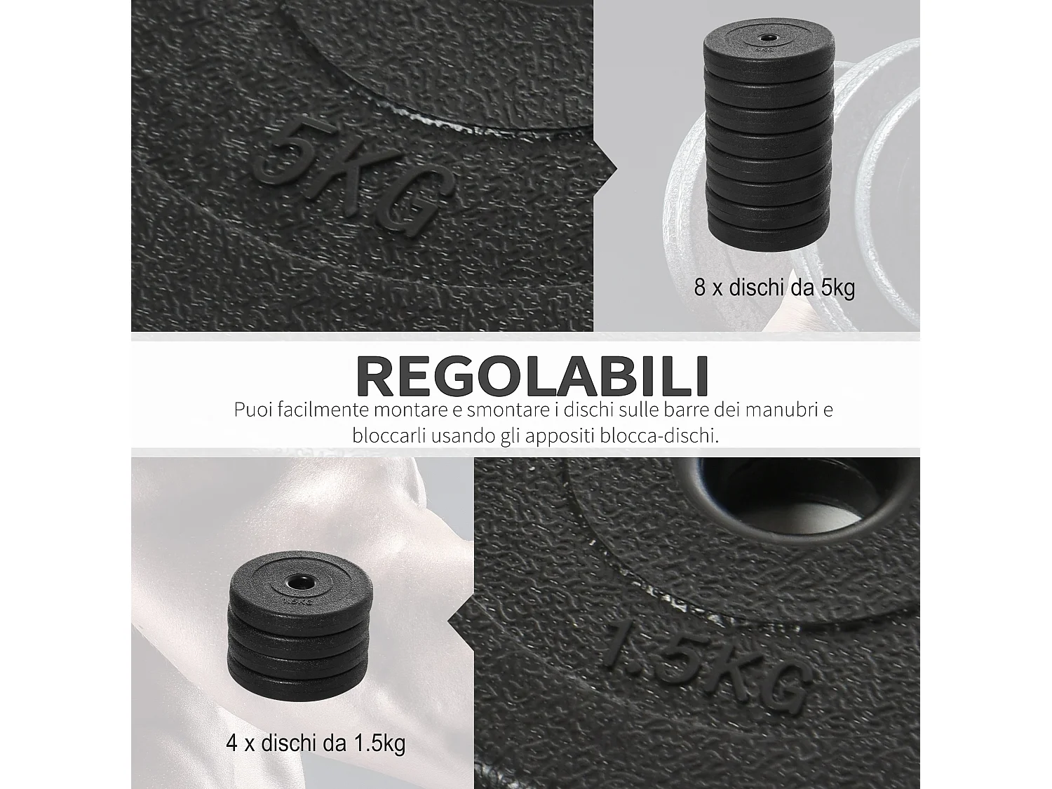 Set manubri palestra regolabile da 50kg con 12 dischi gommati