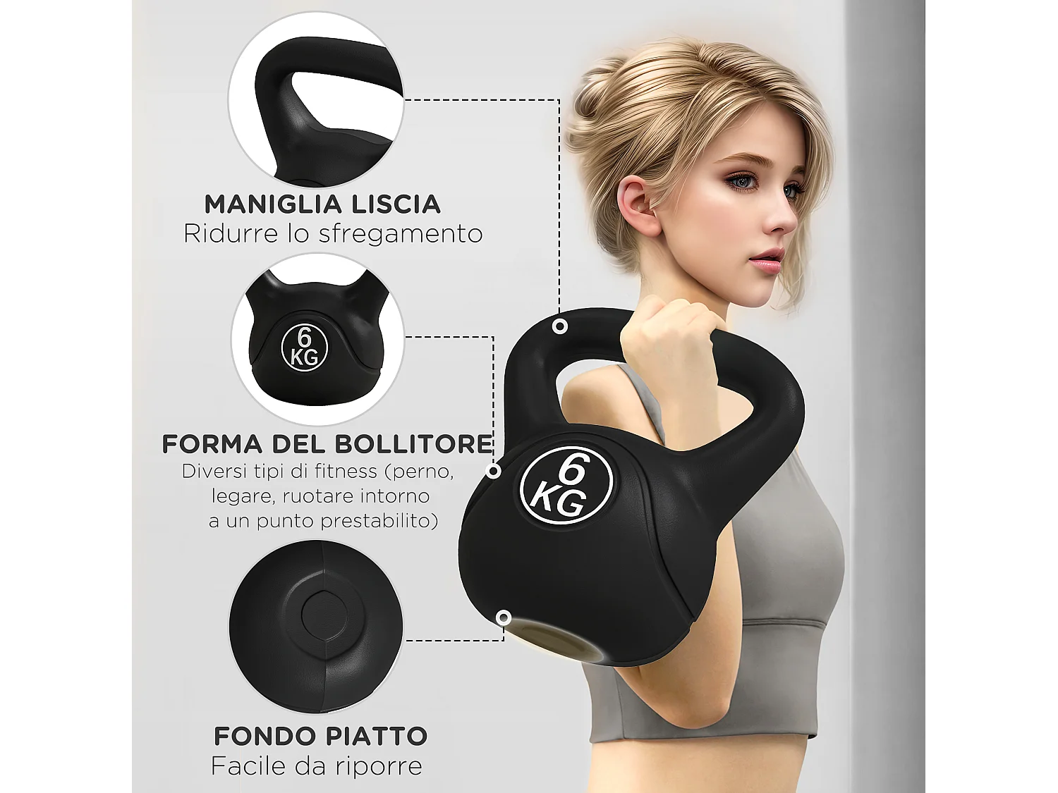 Kettlebell 6kg con base piatta in plastica e sabbia nero