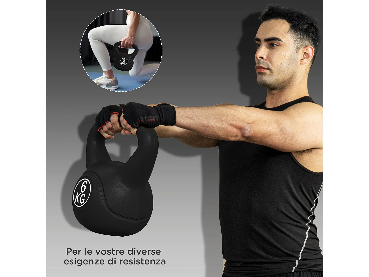 Kettlebell 6kg con base piatta in plastica e sabbia nero