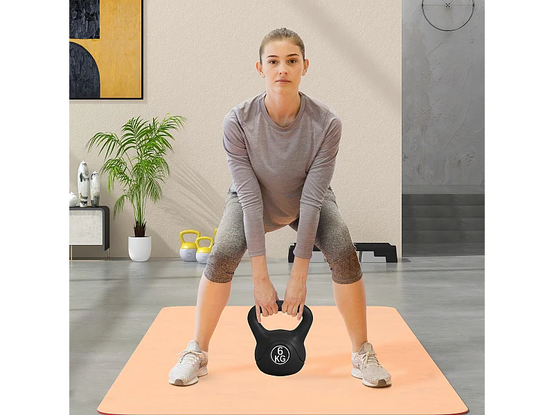 Kettlebell 6kg con base piatta in plastica e sabbia nero