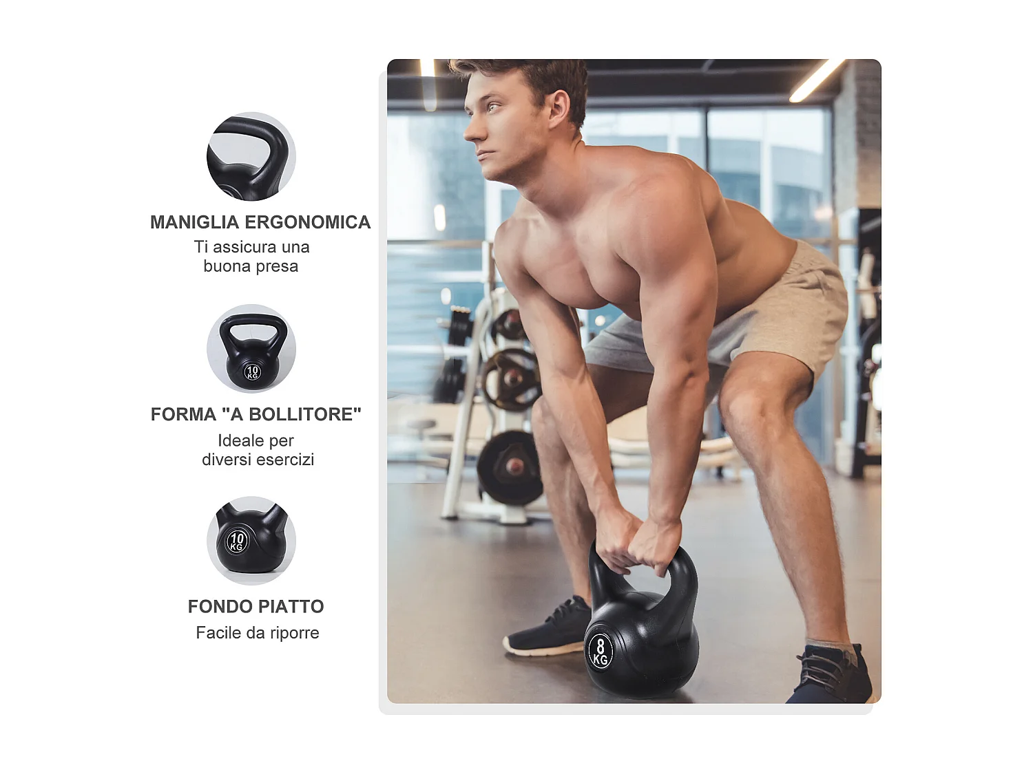 Kettlebell per sport e fitness in plastica con sabbia e maniglia nero