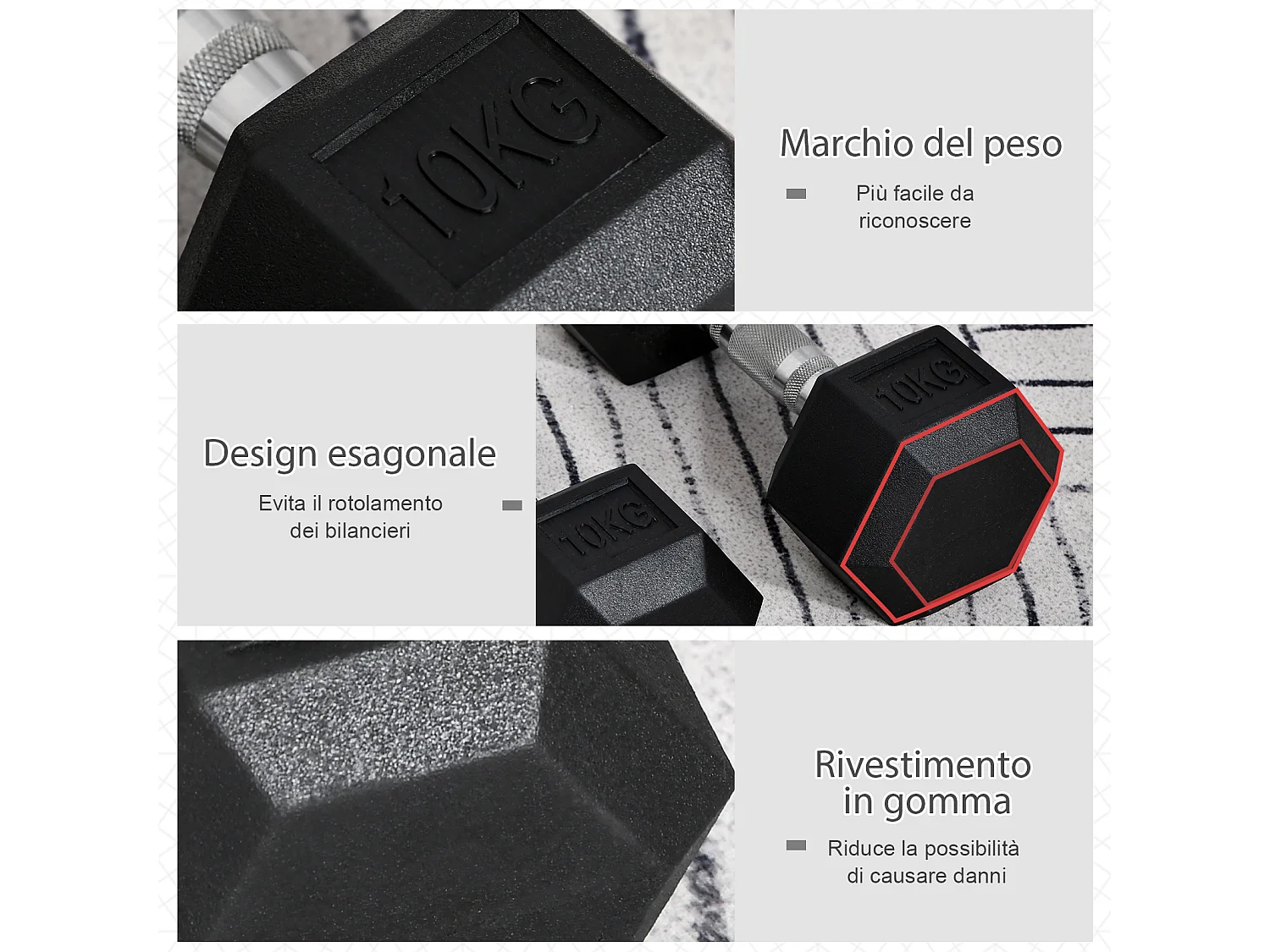 Set 2 manubri da 10 kg esagonali in metallo e gomma nero