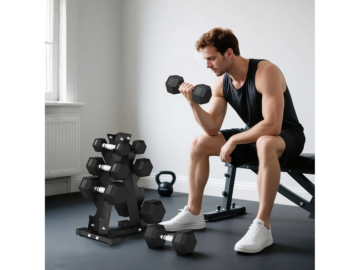 Set manubri esagonali antiscivolo con supporto da 2kg a 10kg, nero