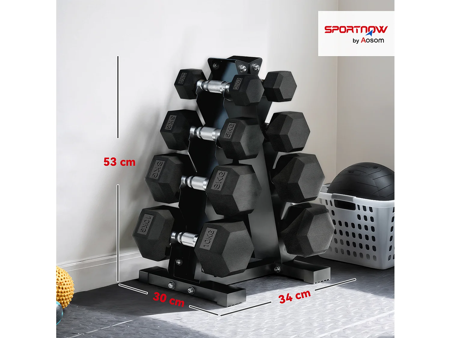 Set manubri esagonali antiscivolo con supporto da 2kg a 10kg, nero