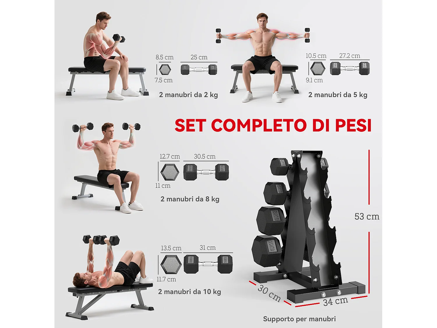 Set manubri esagonali antiscivolo con supporto da 2kg a 10kg, nero