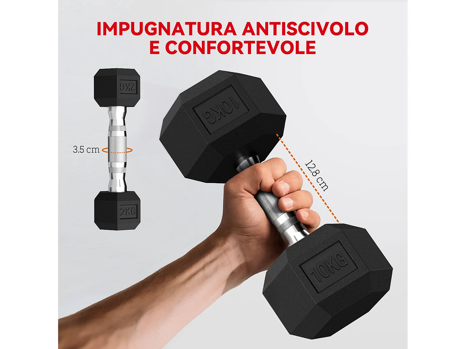Set manubri esagonali antiscivolo con supporto da 2kg a 10kg, nero