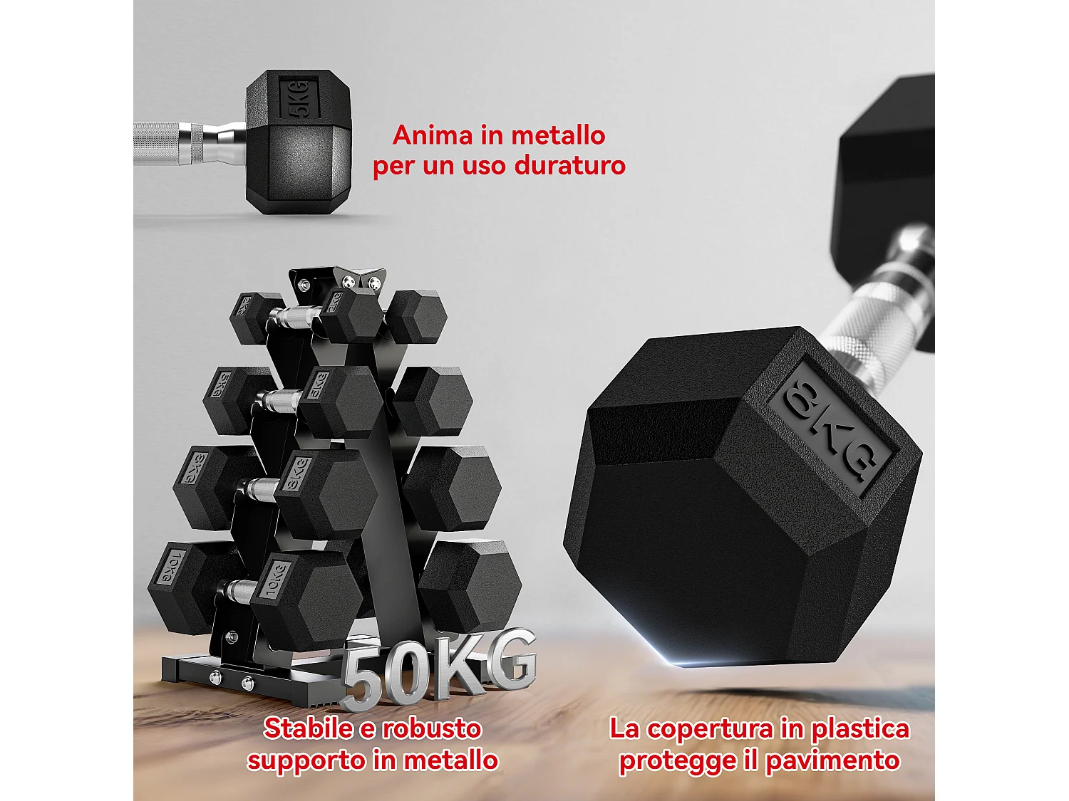 Set manubri esagonali antiscivolo con supporto da 2kg a 10kg, nero