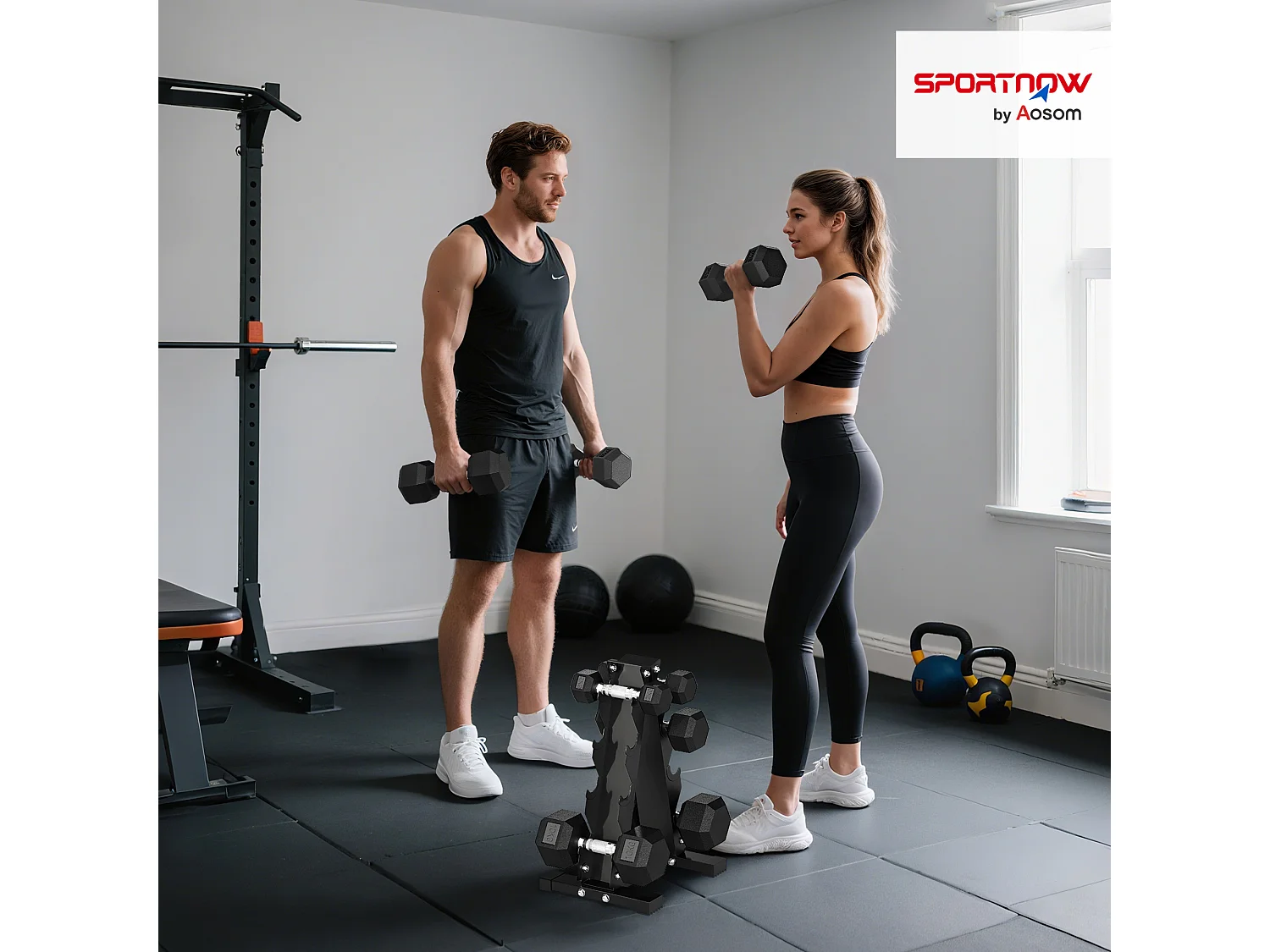 Set manubri esagonali antiscivolo con supporto da 2kg a 10kg, nero