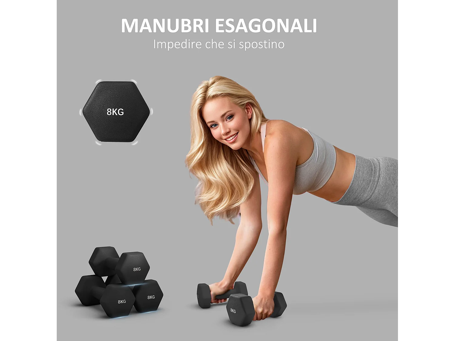 Set 2 manubri esagonali da 8 kg in metallo e plastica 24x11x11 cm nero