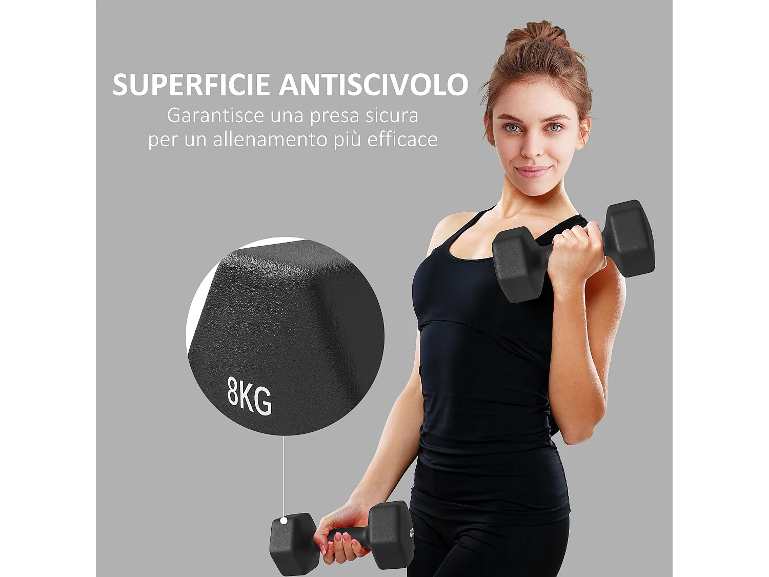 Set 2 manubri esagonali da 8 kg in metallo e plastica 24x11x11 cm nero