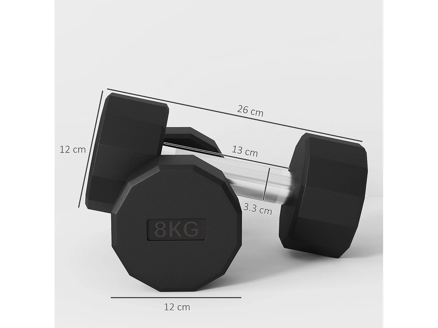 Set 2 manubri a 12 lati da 8 kg in metallo e gomma 26x12x12 cm nero