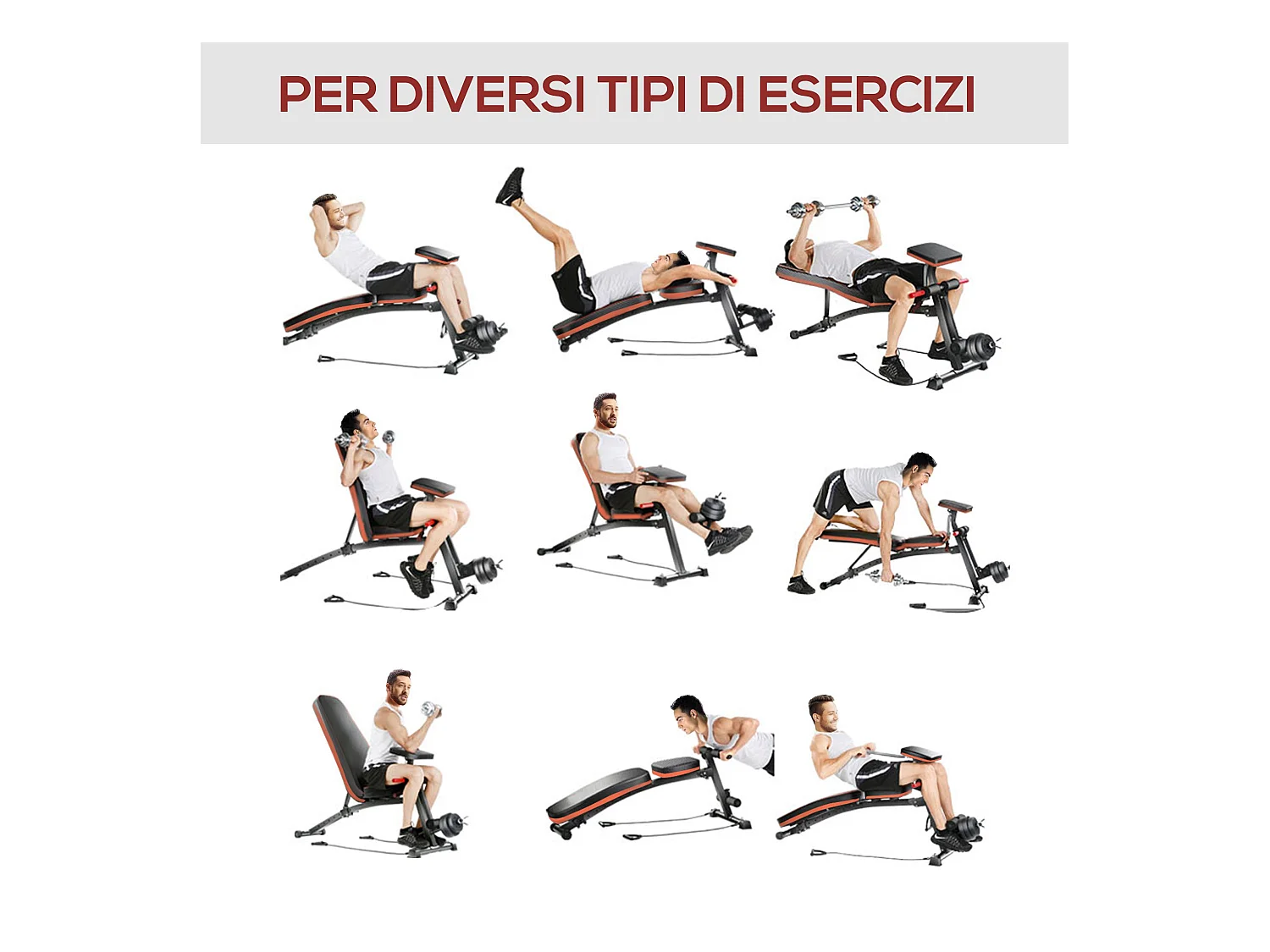 Panca fitness inclinata multifunzione per addominali nero e rosso