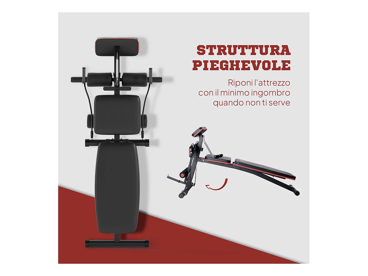 Panca fitness inclinata multifunzione per addominali nero e rosso
