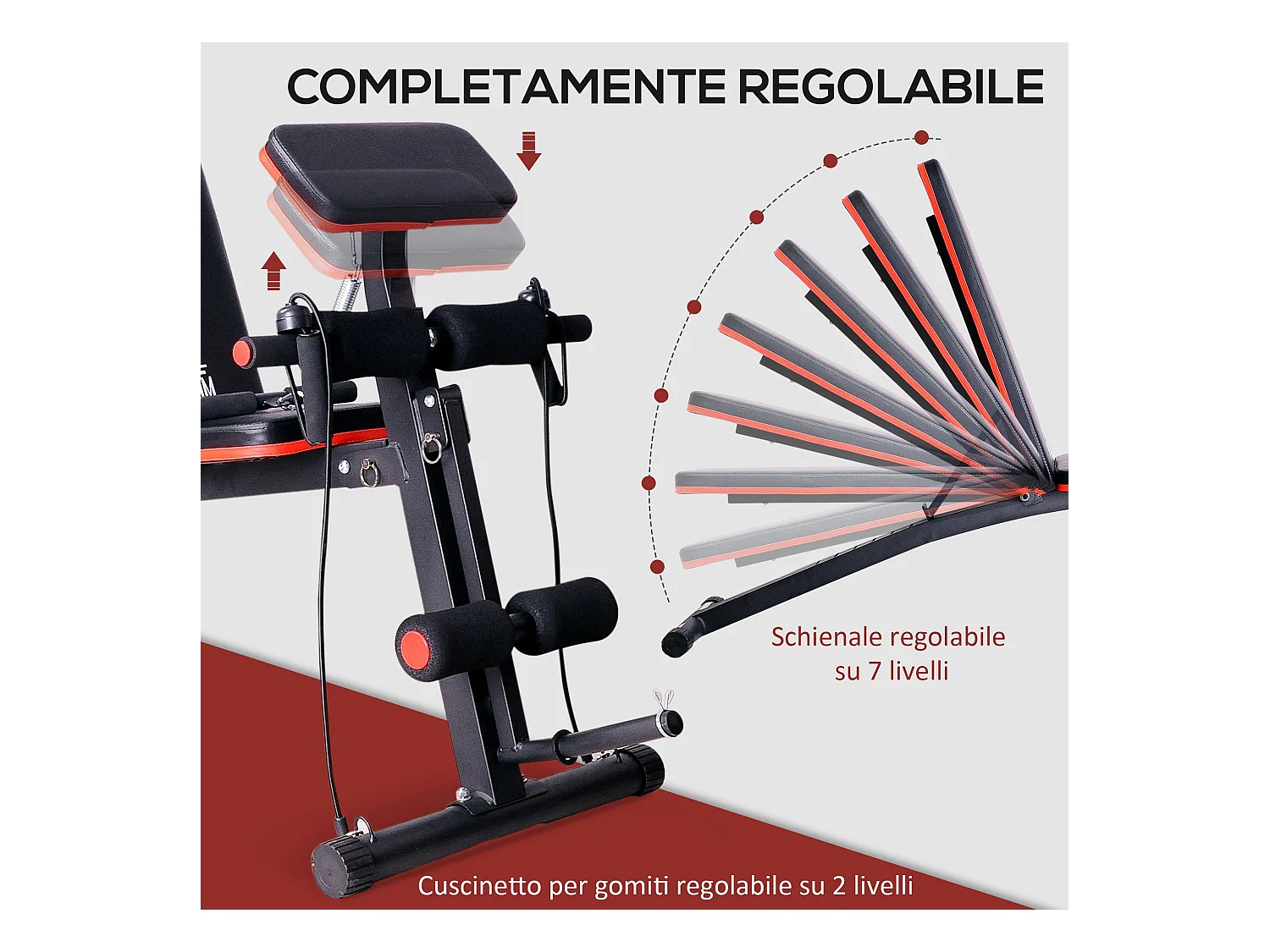 Panca fitness inclinata multifunzione per addominali nero e rosso