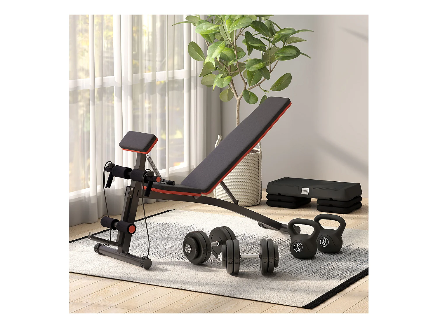 Panca fitness inclinata multifunzione per addominali nero e rosso