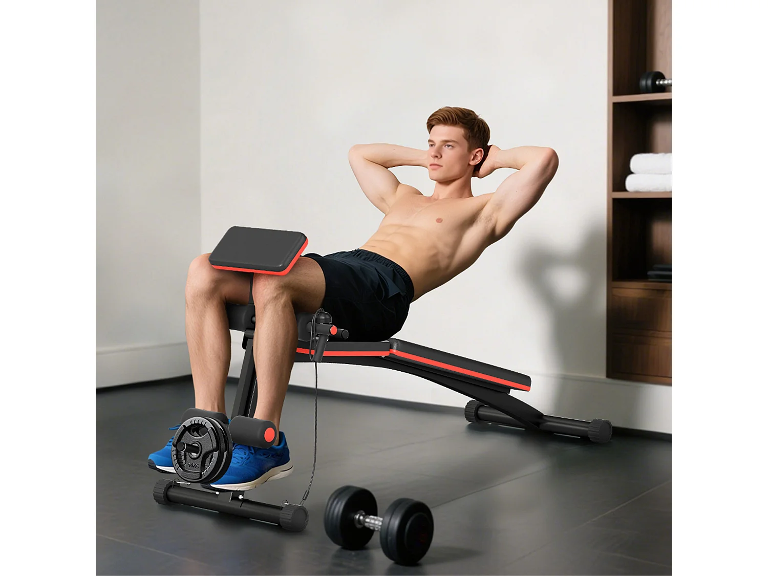 Panca fitness inclinata multifunzione per addominali nero e rosso