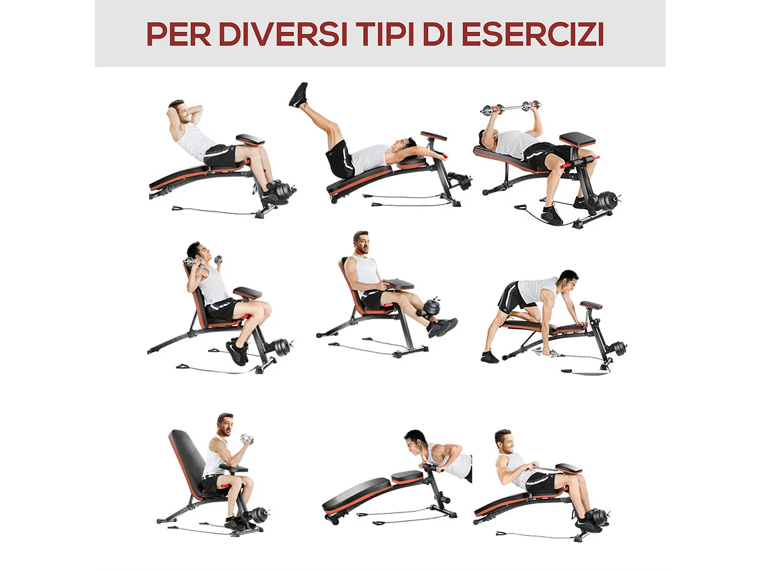 Panca fitness inclinata multifunzione per addominali nero e rosso