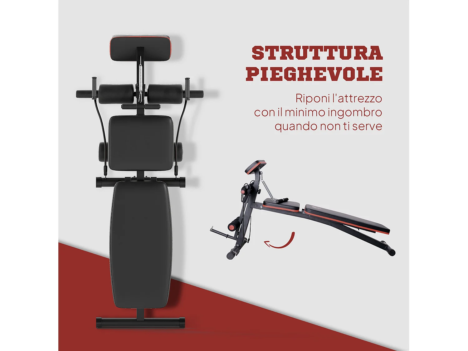 Panca fitness inclinata multifunzione per addominali nero e rosso
