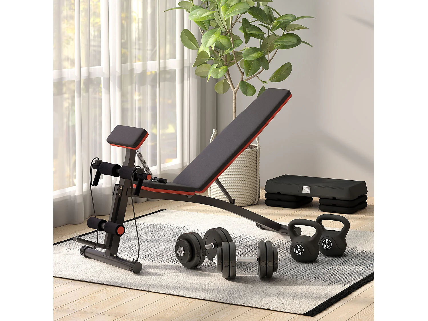 Panca fitness inclinata multifunzione per addominali nero e rosso