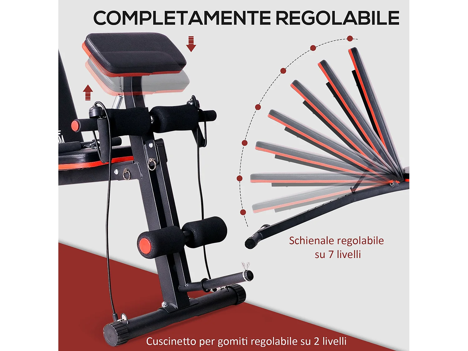 Panca fitness inclinata multifunzione per addominali nero e rosso