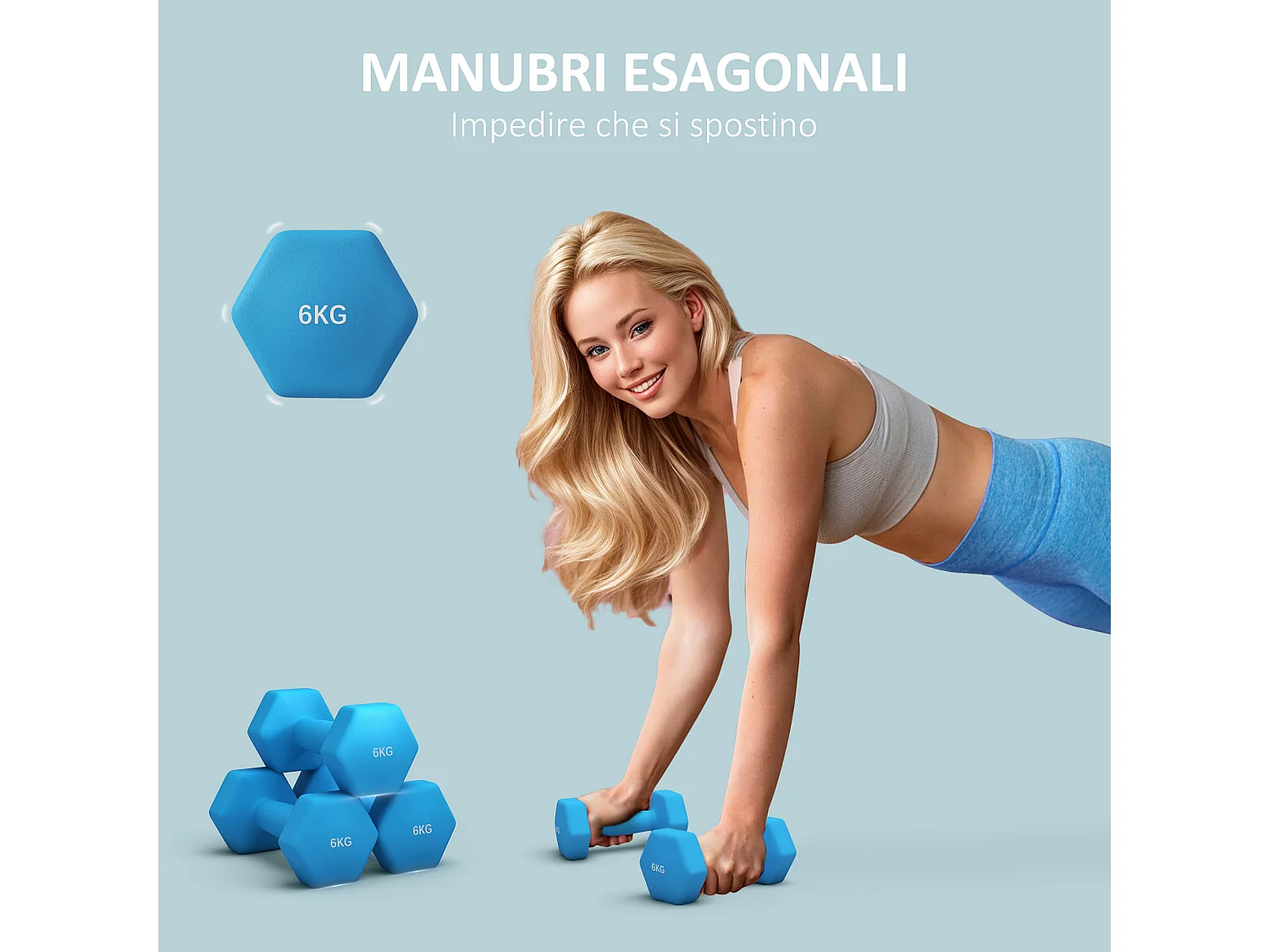 Set 2 manubri esagonali da 6kg in metallo e plastica 22x10x10cm azzurro