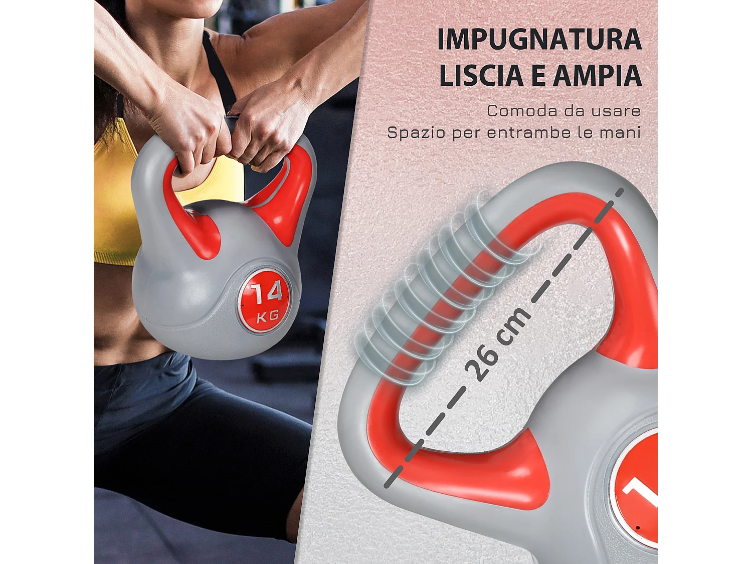 Kettlebell 14kg in pu e sabbia con base piatta e impugnatura rosso