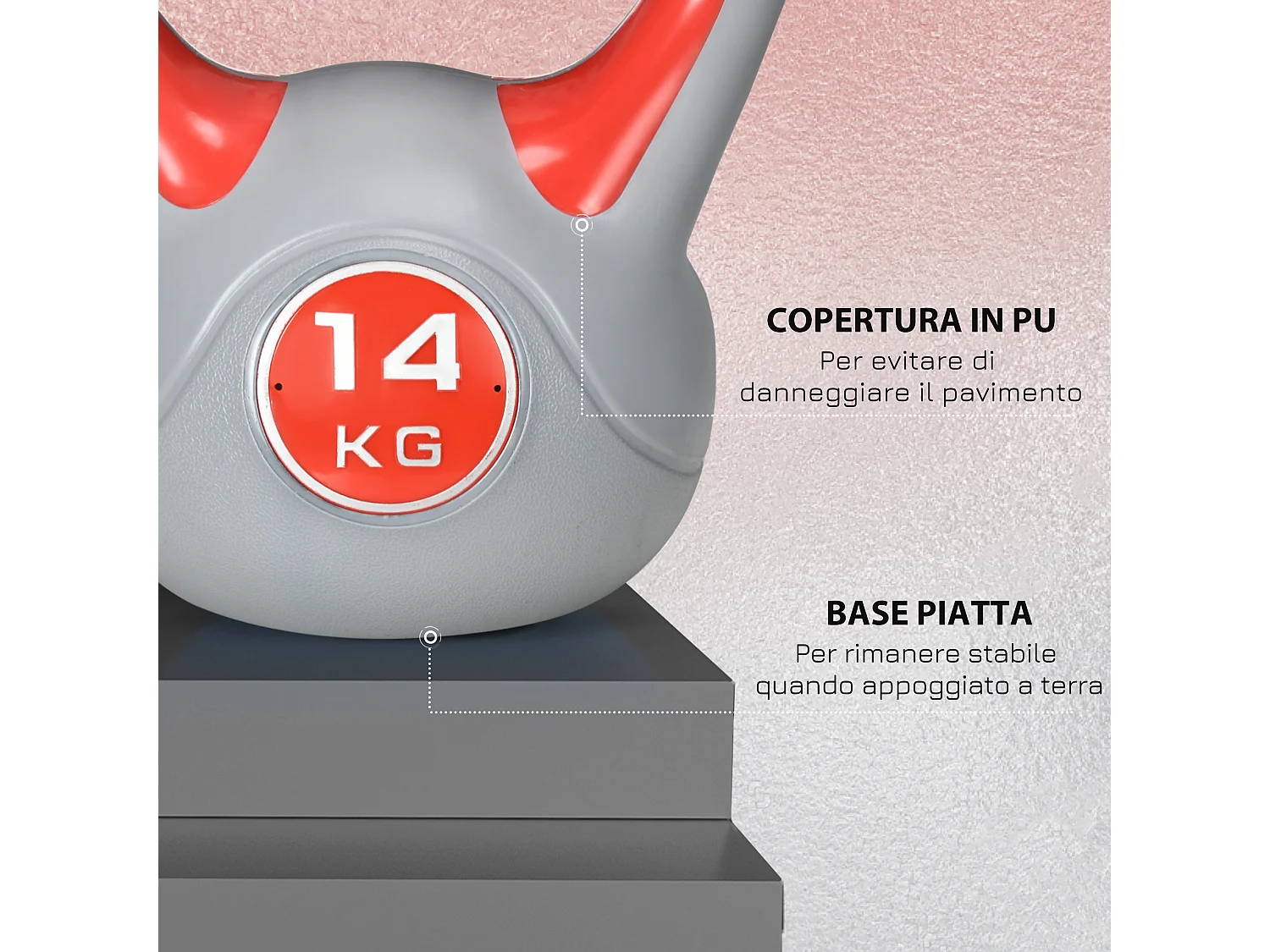Kettlebell 14kg in pu e sabbia con base piatta e impugnatura rosso