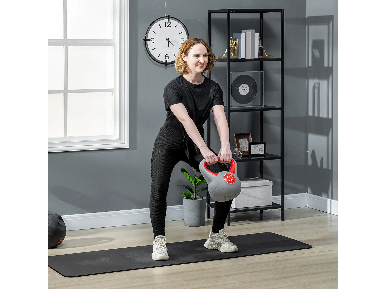 Kettlebell 14kg in pu e sabbia con base piatta e impugnatura rosso