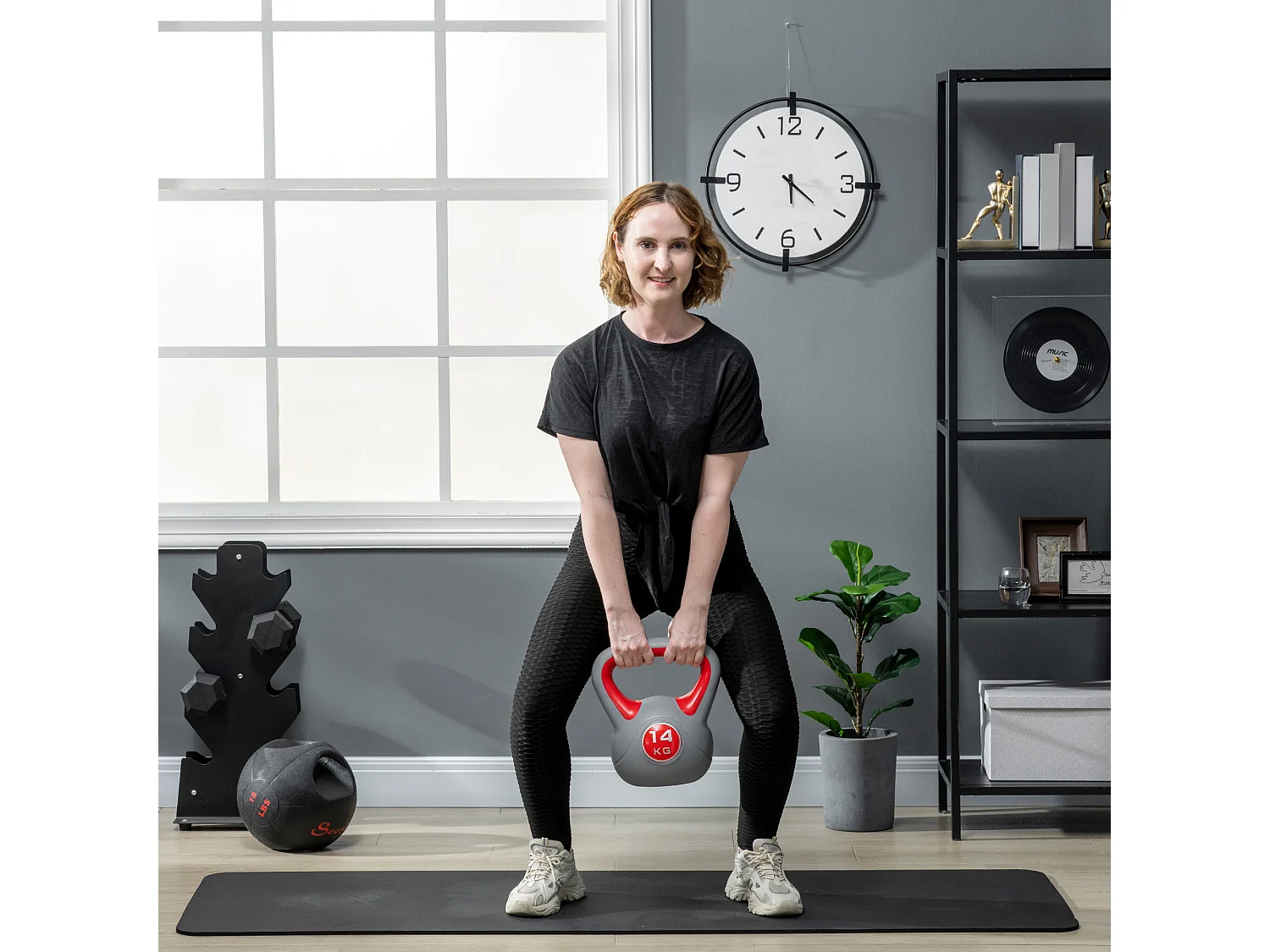 Kettlebell 14kg in pu e sabbia con base piatta e impugnatura rosso