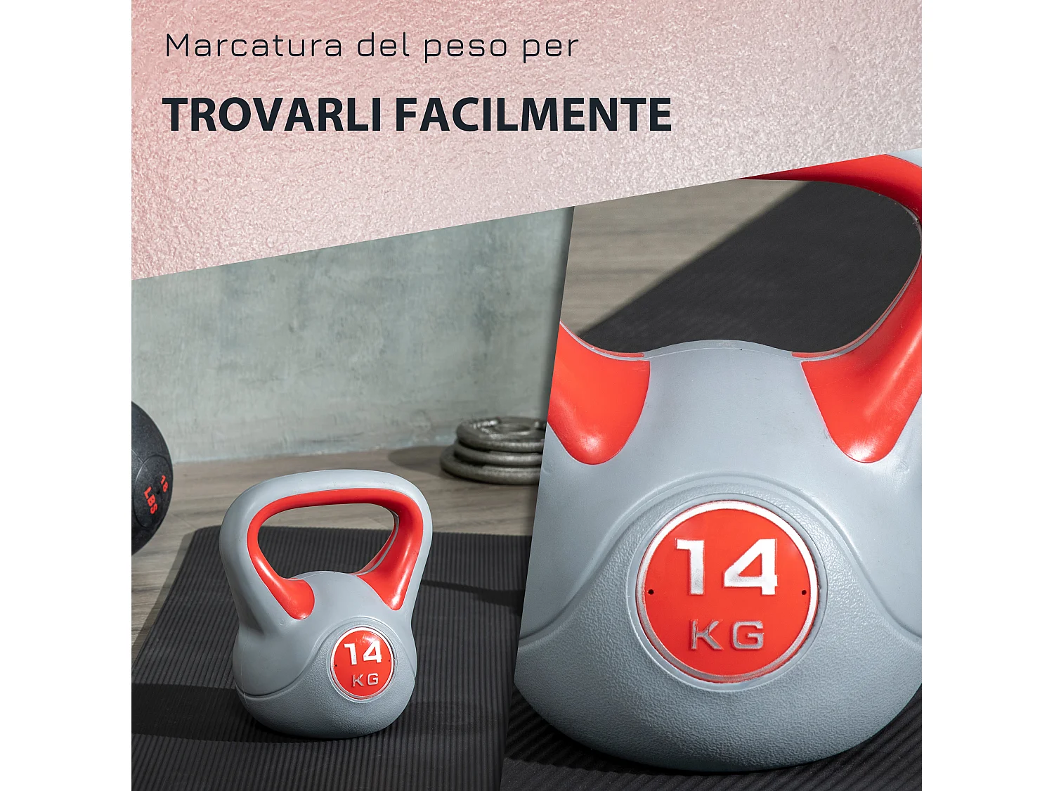 Kettlebell 14kg in pu e sabbia con base piatta e impugnatura rosso