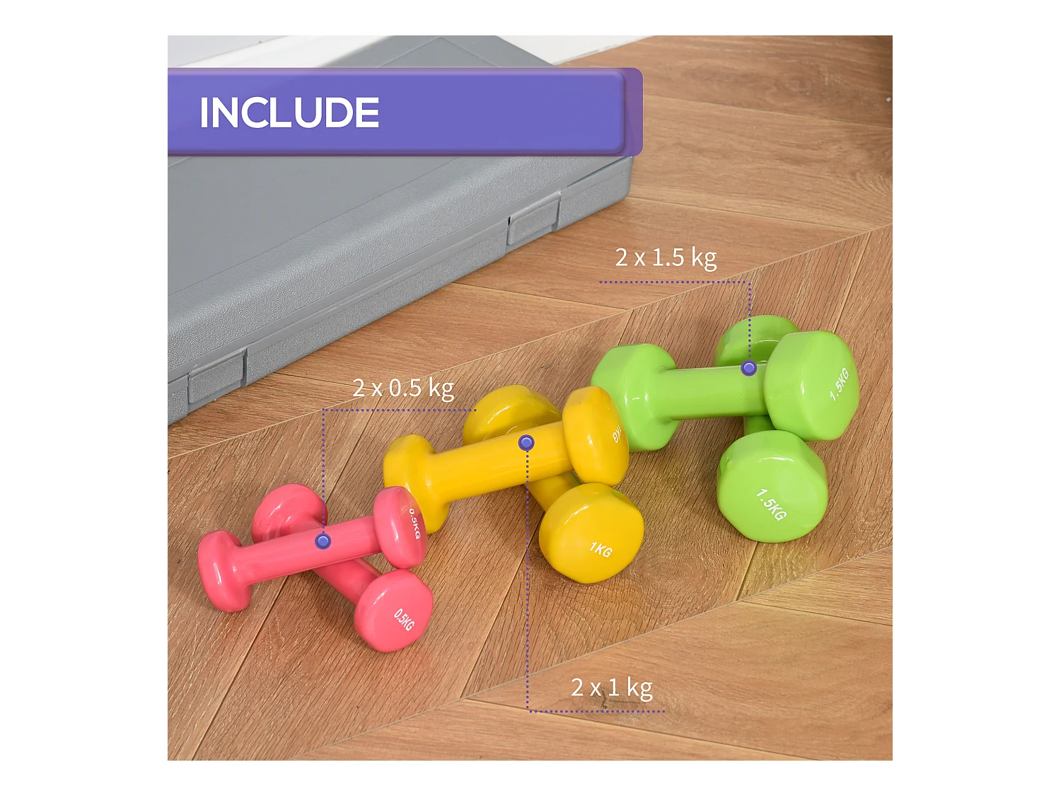 Set 6 manubri pesi con valigetta da 0.5kg 1kg 1.5kg in acciaio e pu