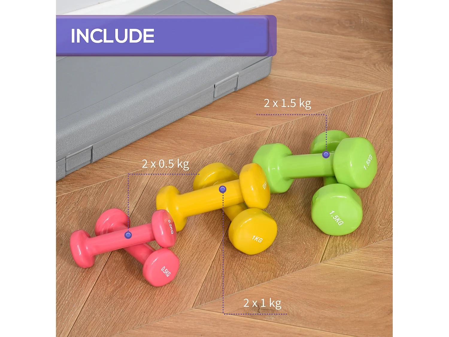 Set 6 manubri pesi con valigetta da 0.5kg 1kg 1.5kg in acciaio e pu