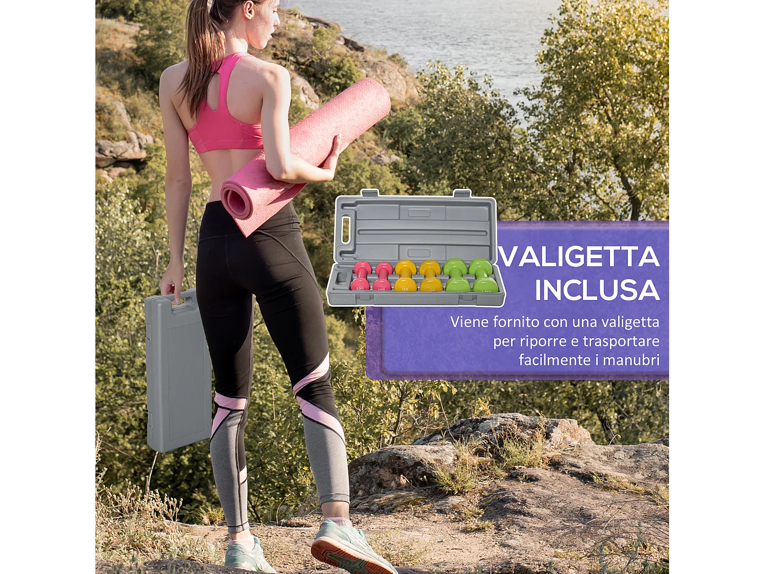 Set 6 manubri pesi con valigetta da 0.5kg 1kg 1.5kg in acciaio e pu