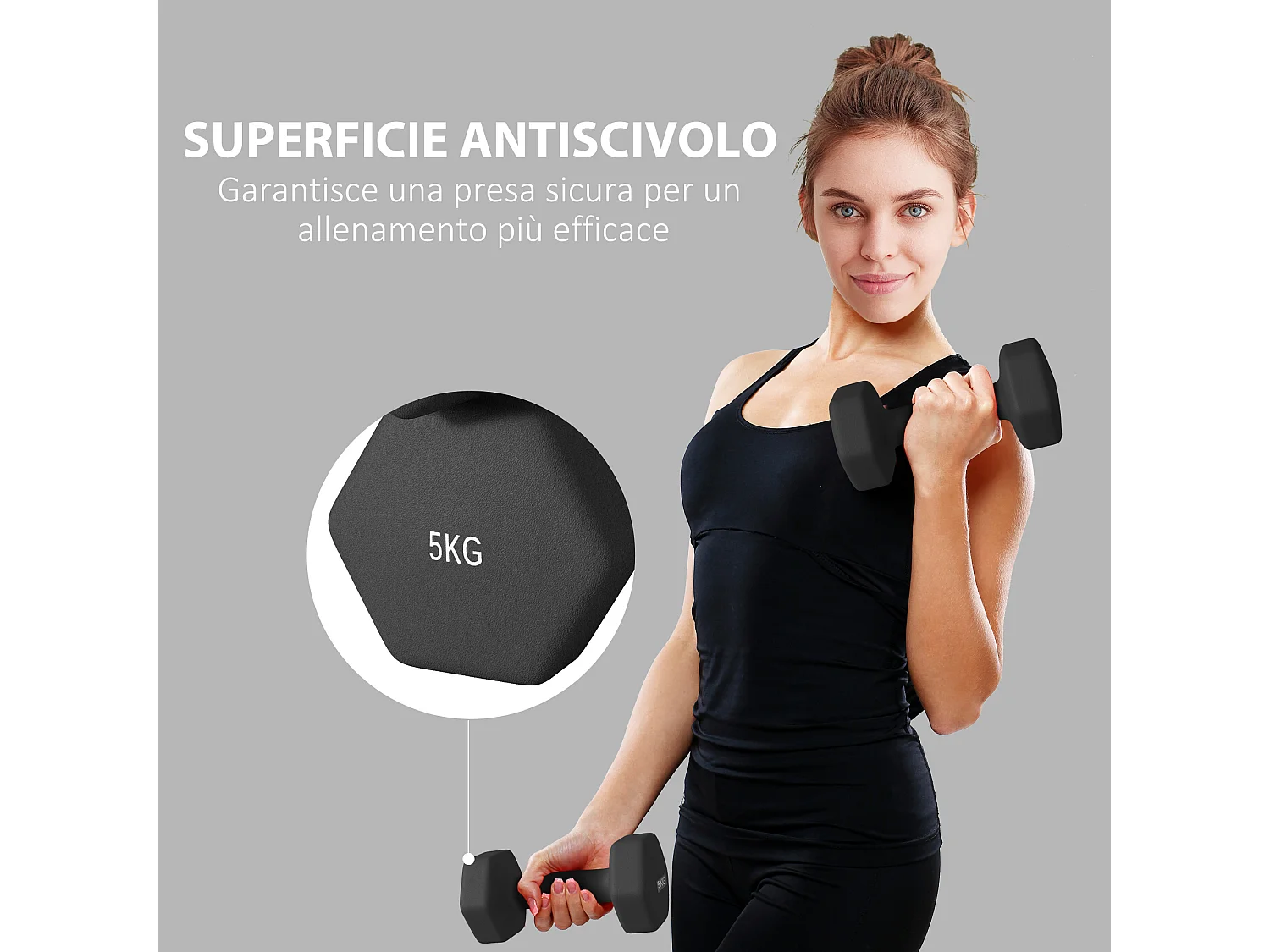 Set 2 manubri esagonali da 2x5 kg in metallo e plastica 20x9x9 cm nero