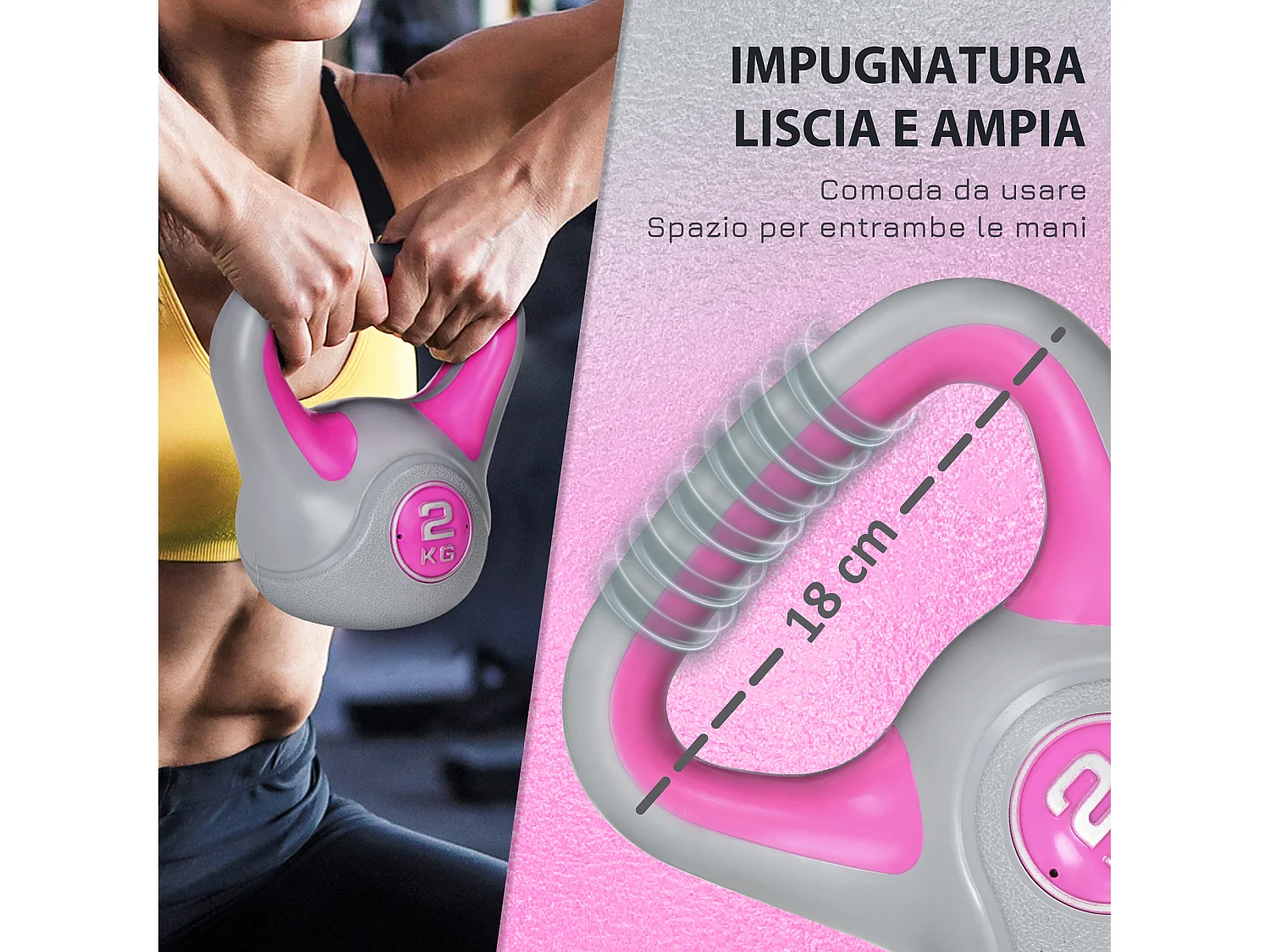 Kettlebell 2kg in pu e sabbia con base piatta e impugnatura rosa