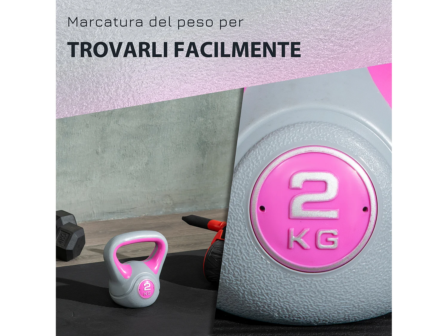 Kettlebell 2kg in pu e sabbia con base piatta e impugnatura rosa