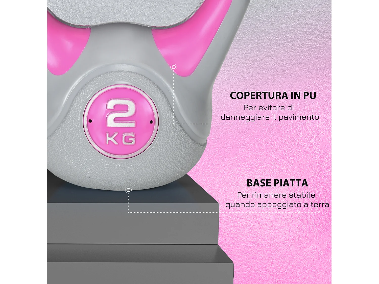 Kettlebell 2kg in pu e sabbia con base piatta e impugnatura rosa