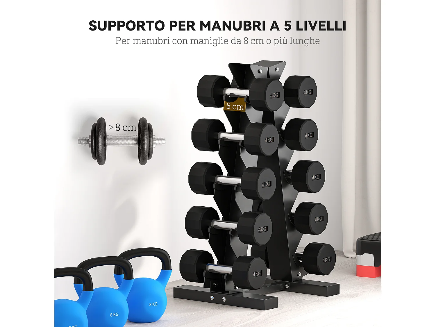 Rastrelliera per manubri a 5 livelli in acciaio nera