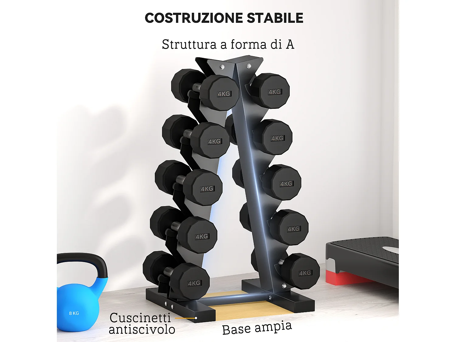 Rastrelliera per manubri a 5 livelli in acciaio nera