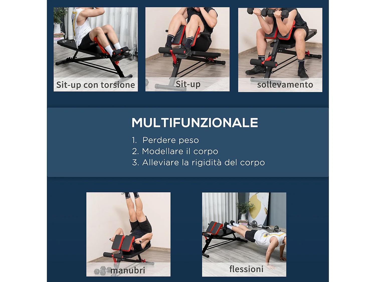 Panca fitness multifunzione con inclinazione e altezza regolabili
