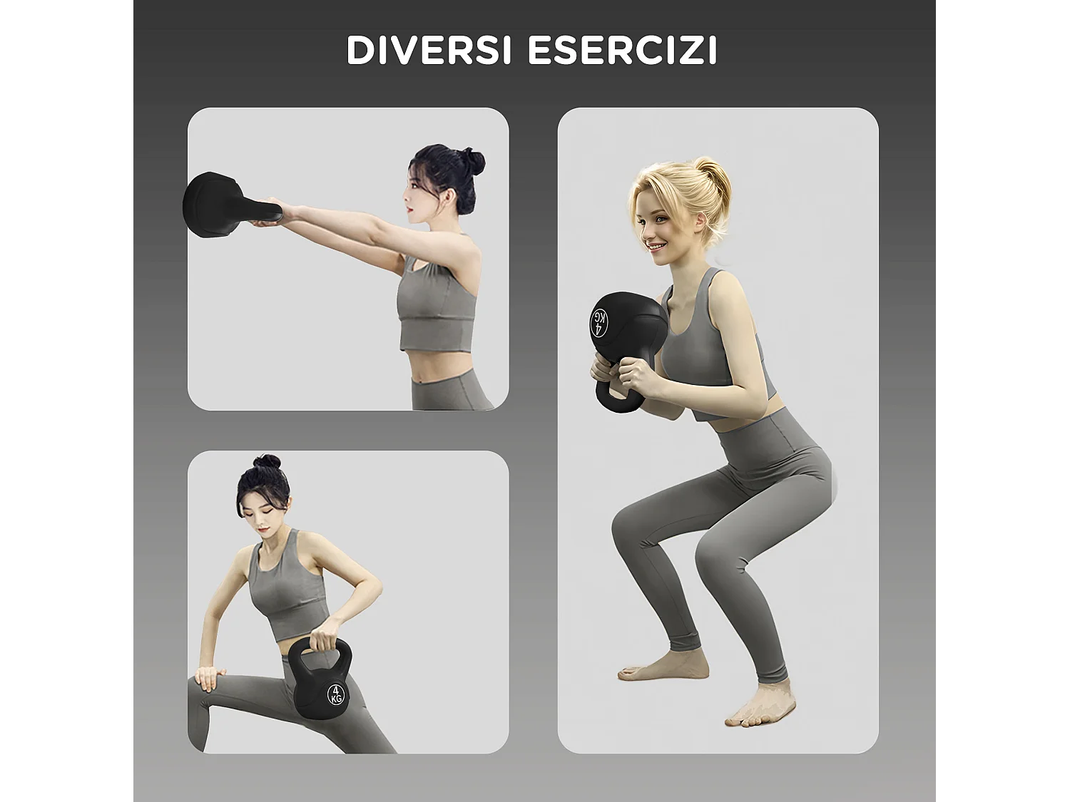 Kettlebell 4kg con base piatta in plastica e sabbia nero