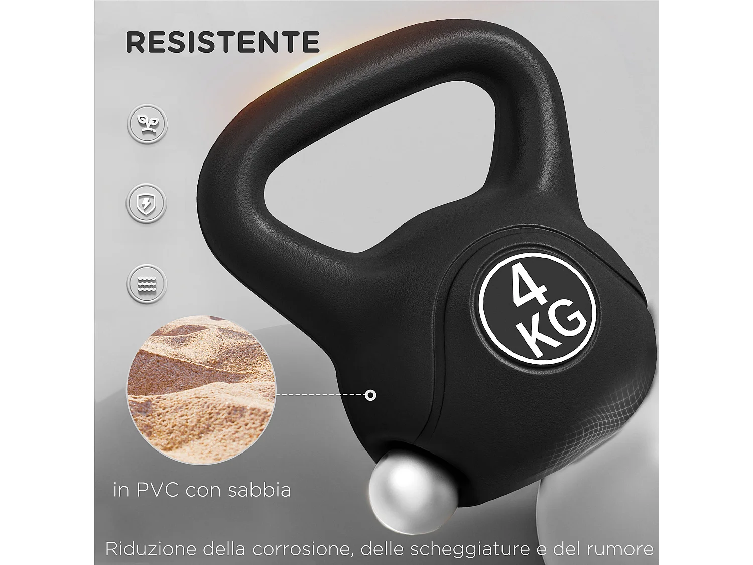 Kettlebell 4kg con base piatta in plastica e sabbia nero