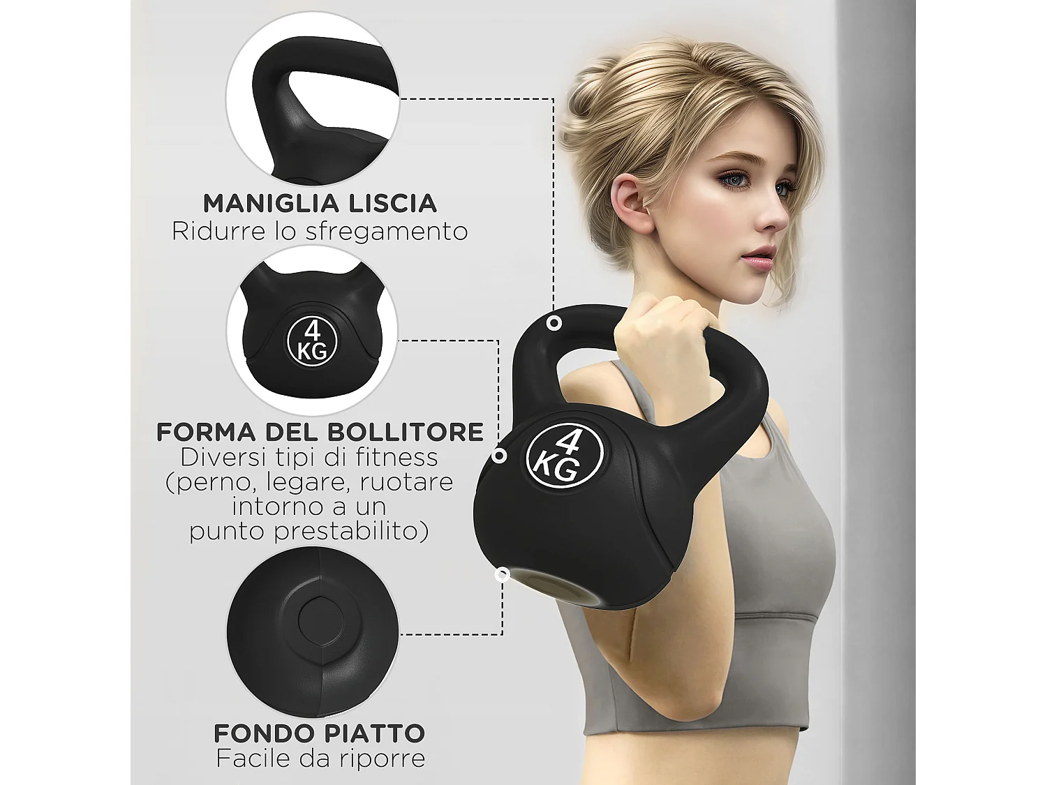 Kettlebell 4kg con base piatta in plastica e sabbia nero