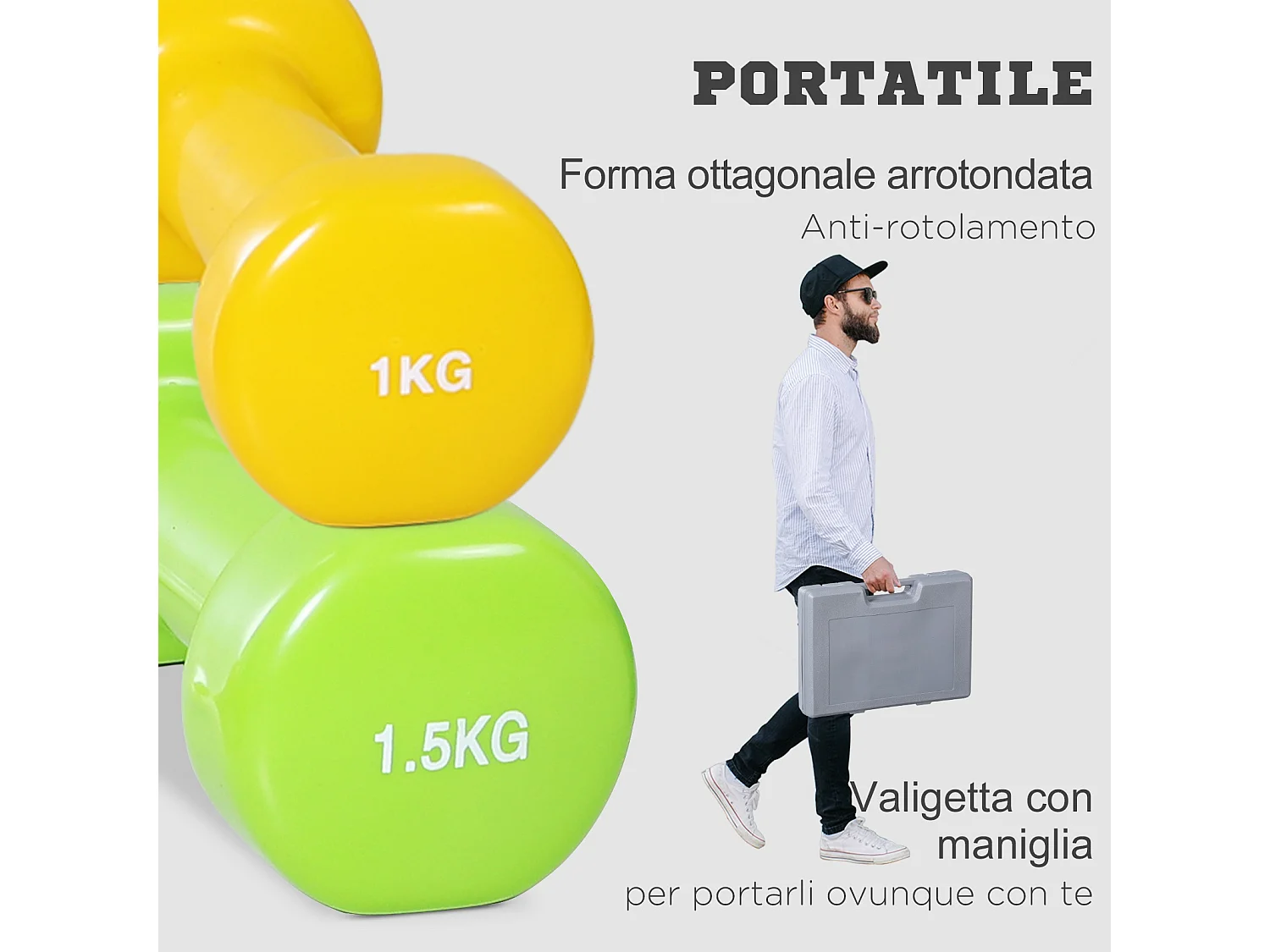 Set di manubri da 10kg totale con valigetta divisi in 0.5kg/1kg/1.5kg/2kg