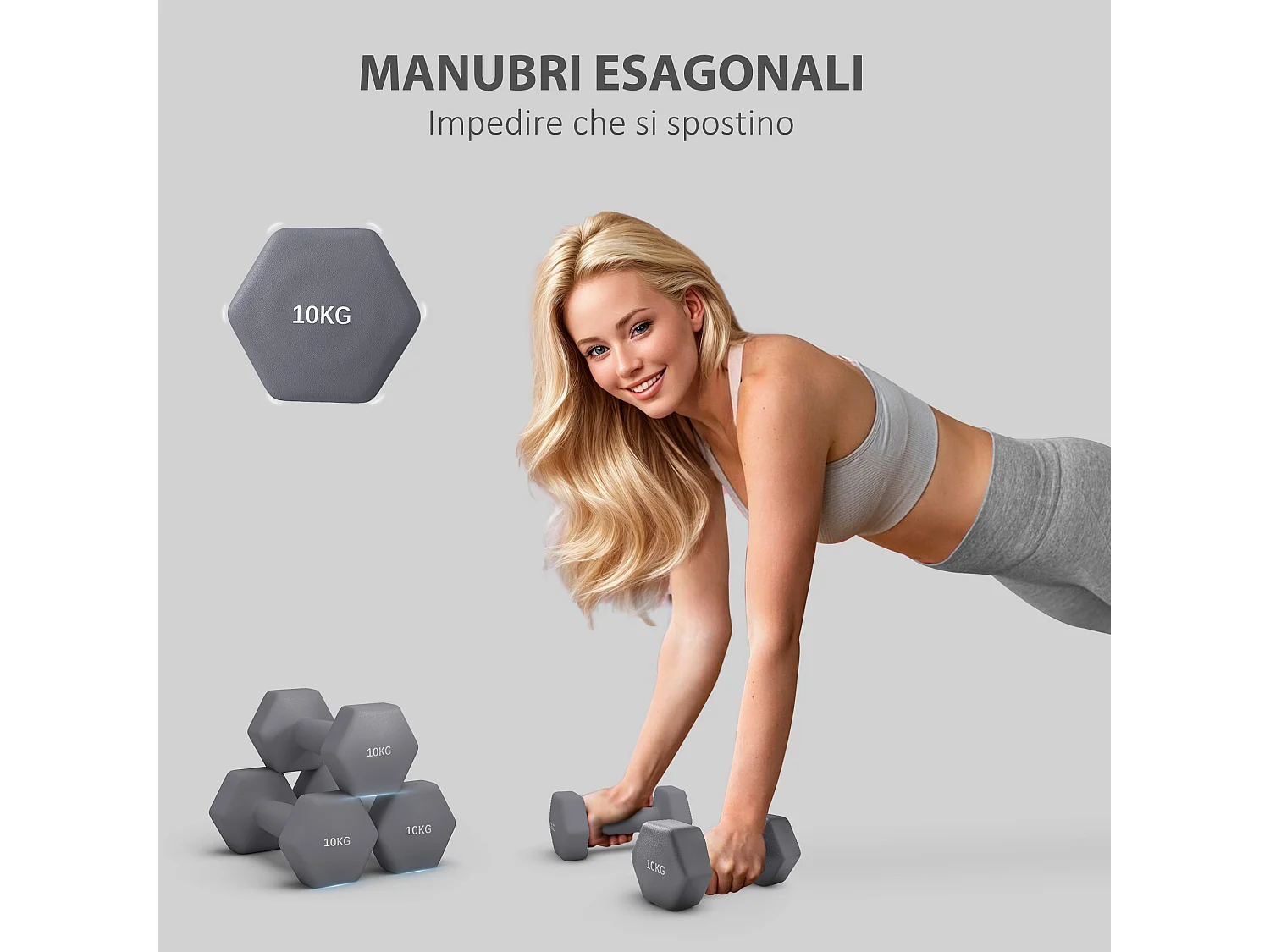 Set 2 manubri esagonali 10 kg in metallo e plastica 26x12x12 cm grigio
